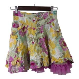Oilily girls pink yellow Floral Button-Up Skirt with Ruffle Hem size 7-8